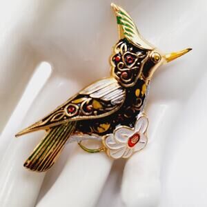 Vintage Damascene Toledoware Bird Brooch, Multicolored Enamel – 2”